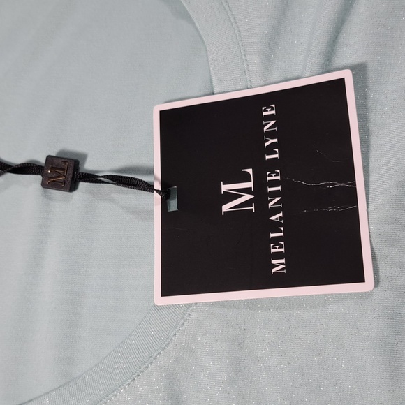 Melanie Lyne Teal Blue Silver Sparkle Scoop Neck Stretch High Low Tee NWT L - Picture 2 of 10